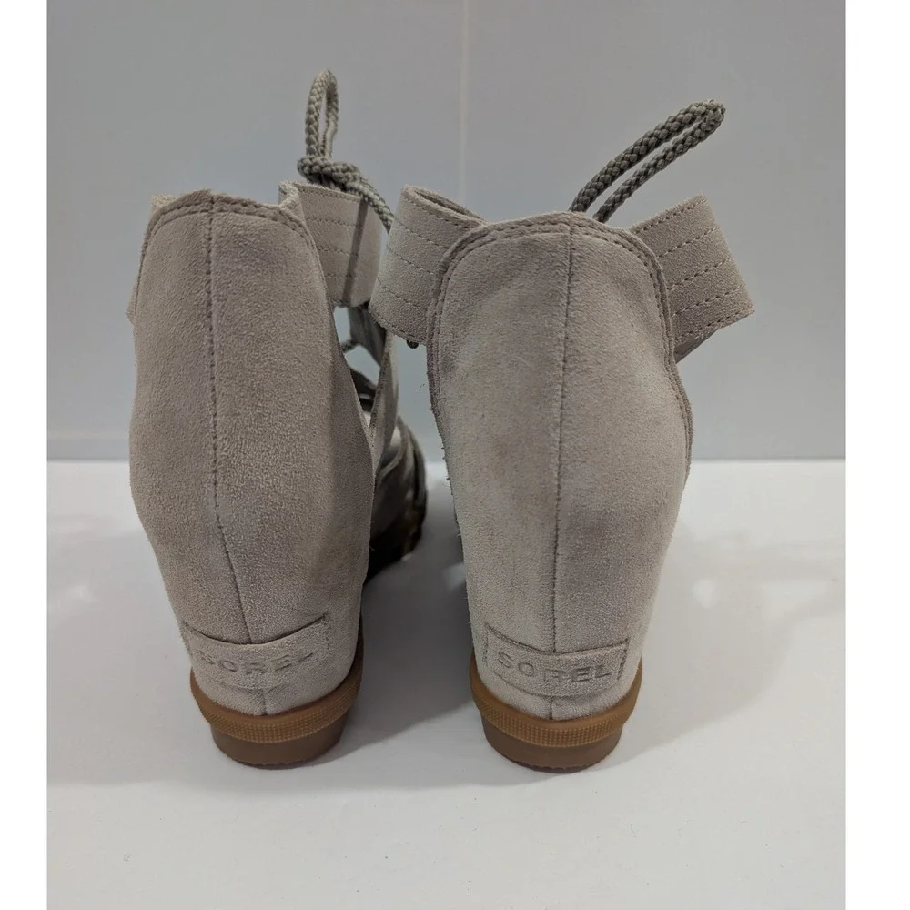 Sorel Joanie II Lace Wedge Sandals Quarry Grey Suede Womens 9 Strappy Cutout Tie